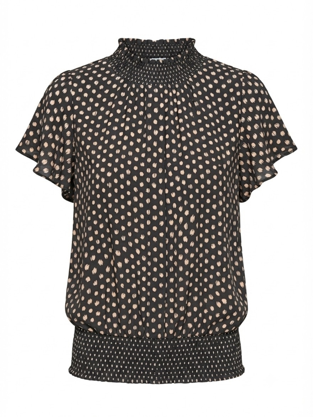 Smocked Neck Polka Dot Blouse - Black and Cream